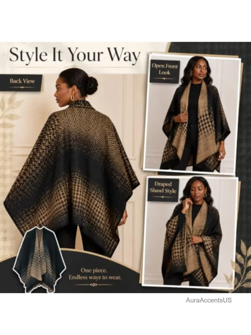 Womens Houndstooth Knitted Cardigan Wrap Shawl Poncho Cape